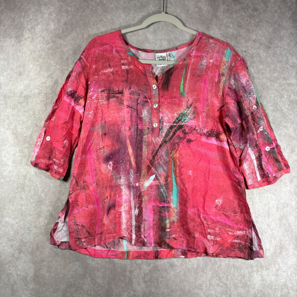 Parsley & Sage Top Womens Small Pink Abstract Art Henley 3/4 Sleeve Rayon NEW